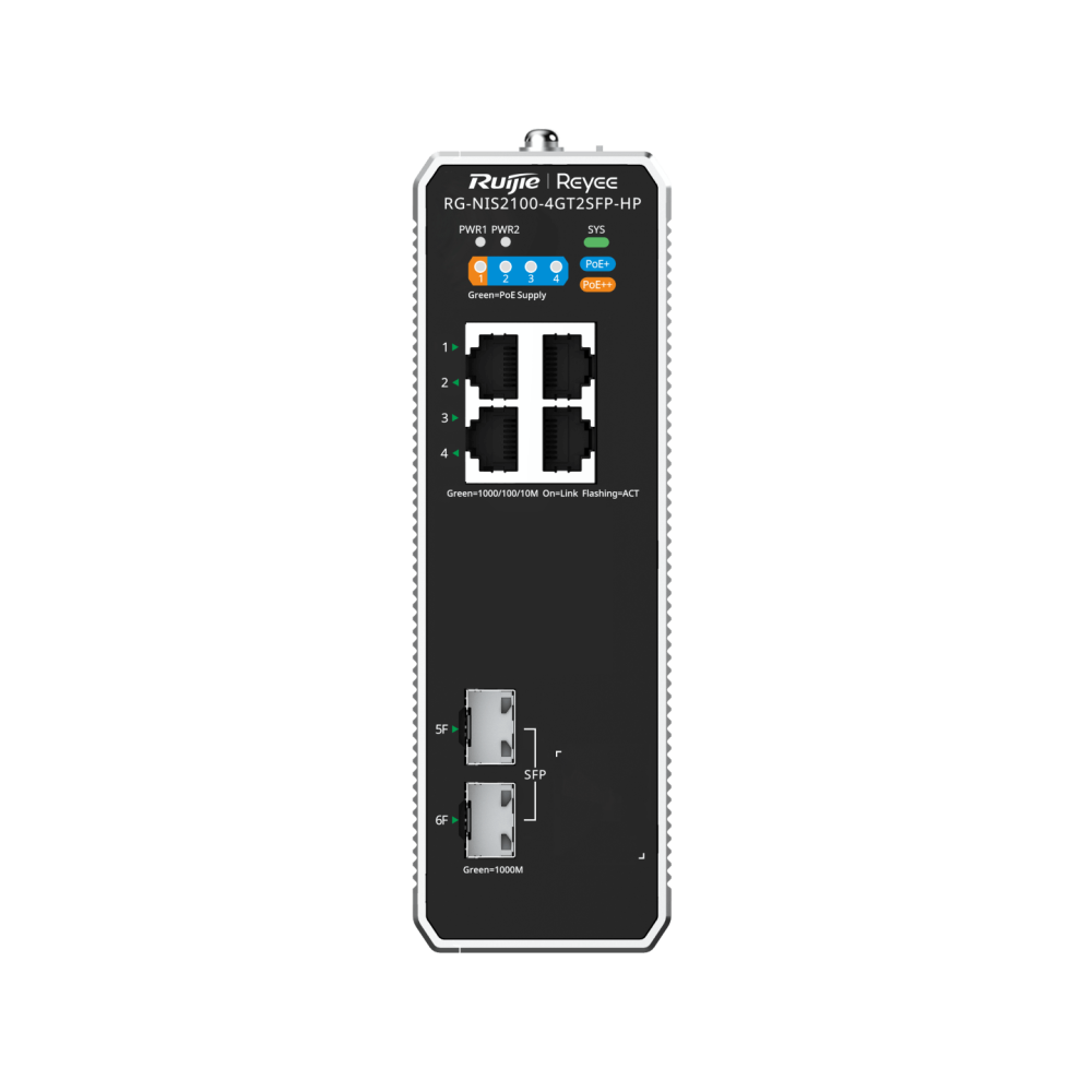 RG-NIS2100-4GT2SFP-HP, 6-Port Cloud Managed RUIJIE Industrial Switch, with 1 x PoE++ Port, 3 x PoE+ Ports, and 2 x SFP Uplink Ports