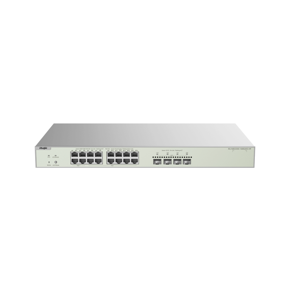 RG-NBS3300-16MG4XS-HP, 16-Port Muti-Gigabit RUIJIE Layer 2 Managed Switch with 4 x PoE++ Ports, 12 x PoE+ Ports, and 4 x SFP+ Uplink Ports